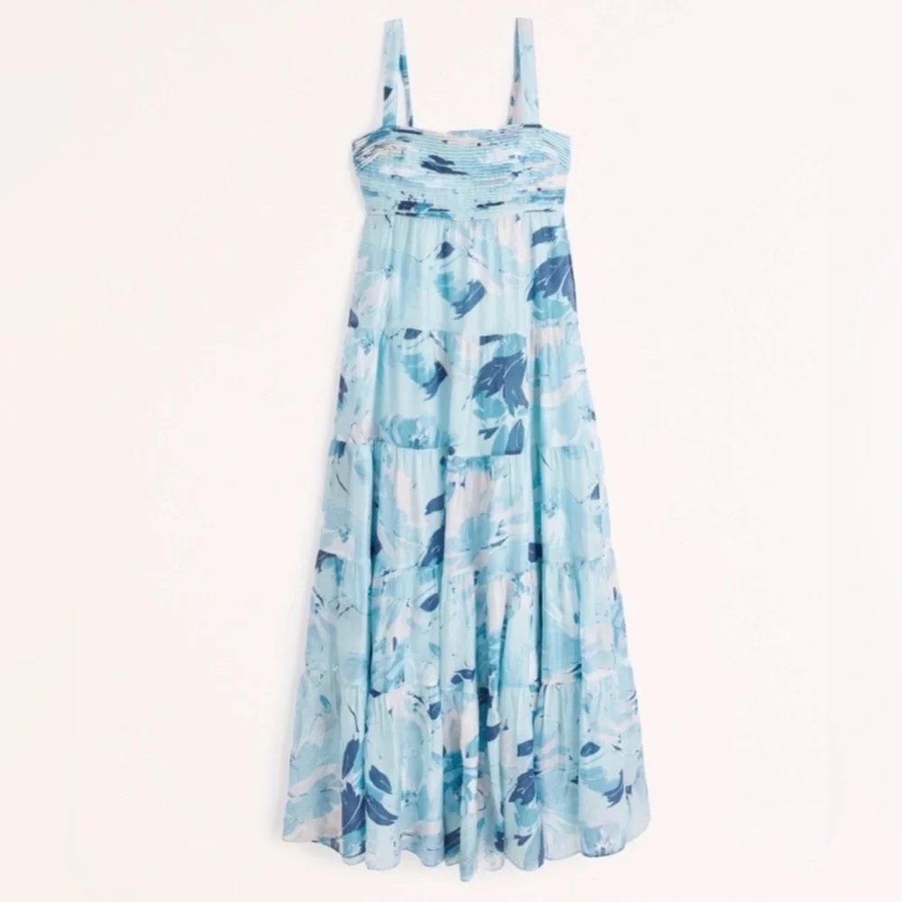 Abercrombie Blue Floral Maxi Dress Tiered Ruched Babydoll XS NWT Summer